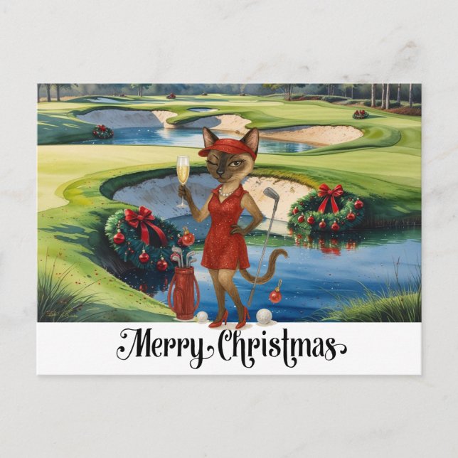Cartão Postal De Festividades Golf Natal temido com Golfista Gato Siamês (Frente)