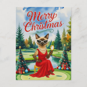 Cartão Postal De Festividades Golf Siamese Cat está no campo de golfe de Natal