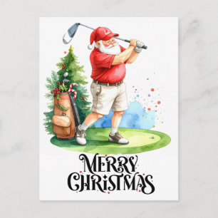 Cartão Postal De Festividades Golfe Feliz Natal com Papai Noel no Verde