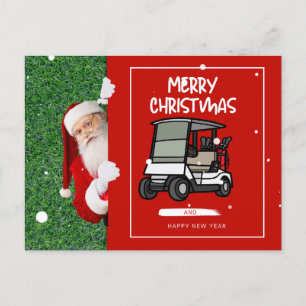 Cartão Postal De Festividades Golfer Papai Noel com Carro de Golfe Feliz Natal