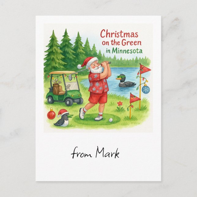 Cartão Postal De Festividades Golfer Santa Claus Golfing no Minnesota Lake view (Frente)