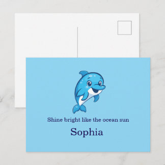 Cartão Postal De Festividades Golfim Azul Feliz e Fofo Desenho de Criatura Marin