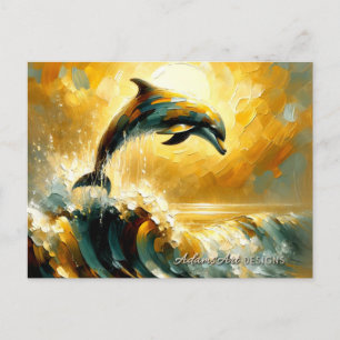 Cartão Postal De Festividades Golfinho Saltando no Oceano Dourado