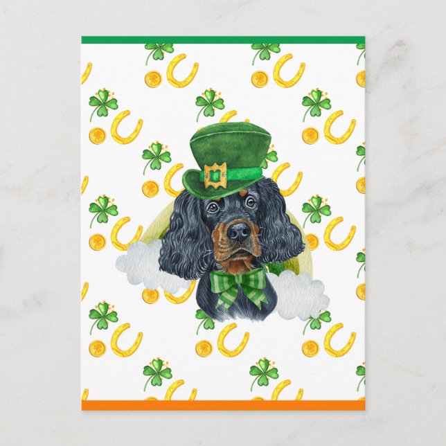 Cartão Postal De Festividades Gordon Setter Shamrock Rua. Dia dos Patricks (Frente)