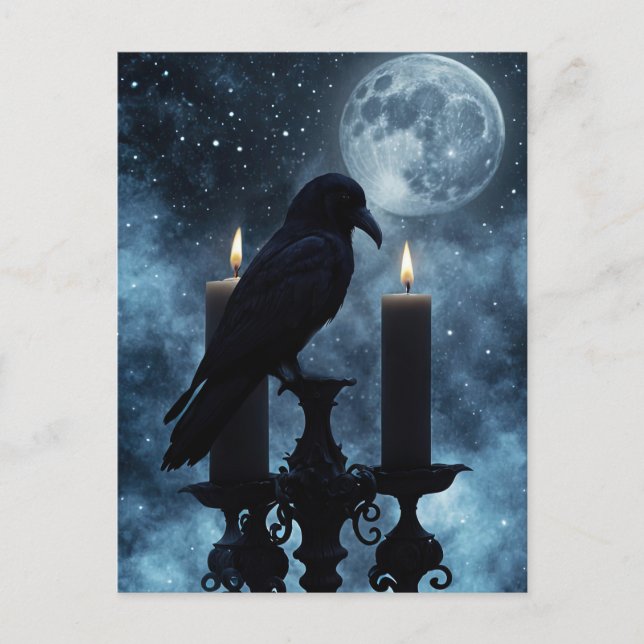 Cartão Postal De Festividades Gótica Raven e Velas no Halloween (Frente)