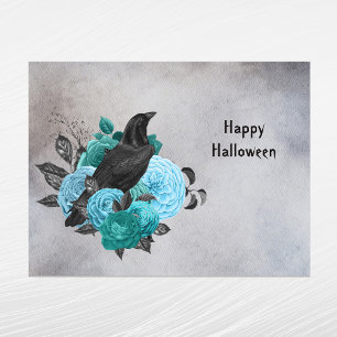 Cartão Postal De Festividades Gótico Teal Floral Raven Halloween