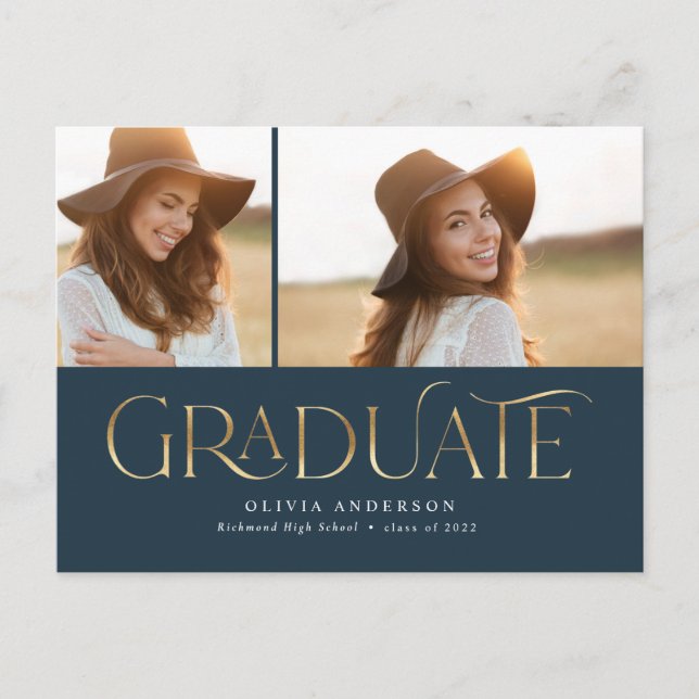 Cartão Postal De Festividades Graduate 2 photo watercolor botanical navy blue (Frente)