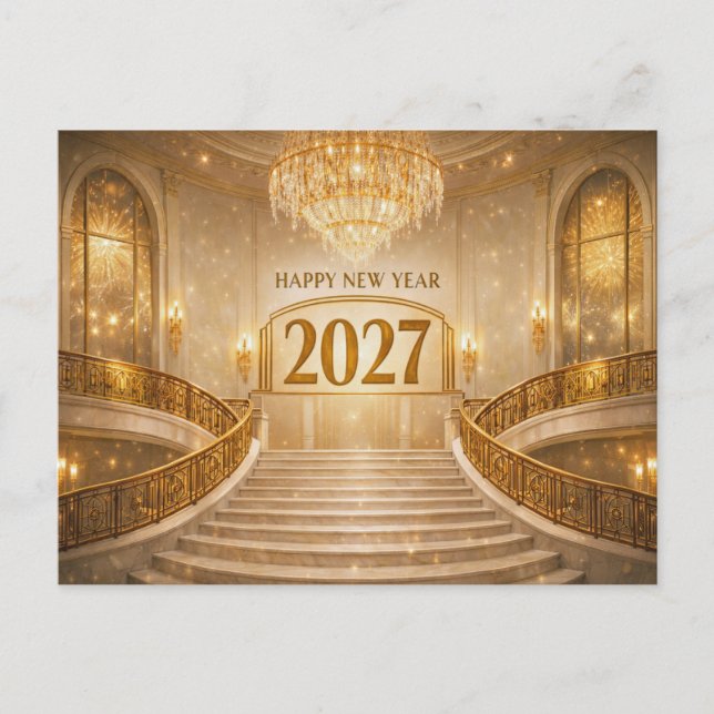 Cartão Postal De Festividades Grand Gold Art Deco Staircase New Year 2027 (Frente)