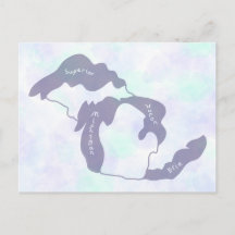 Grandes Lagos de Michigan Mapa em Aquarela Cartão