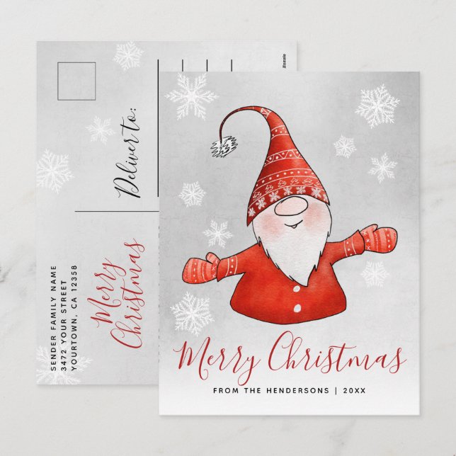 Cartão Postal De Festividades Grátis Gnomo Cinza Vermelho Natal (Frente/Verso)