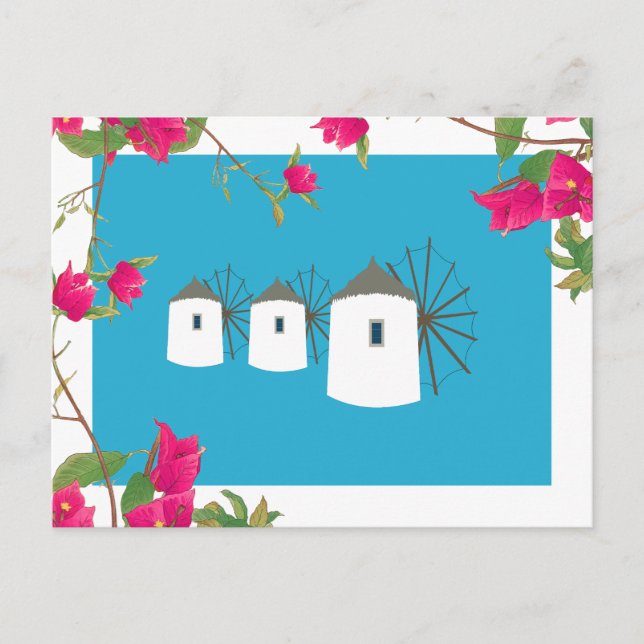 Cartão Postal De Festividades Grécia Bougainvillea Ilhas Gregas Windmills (Frente)
