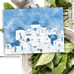 Cartão Postal De Festividades Grécia Santorini de Cor Azul e Branca