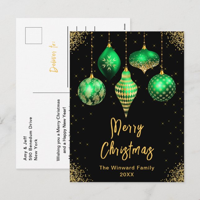 Cartão Postal De Festividades Green and Gold Ornaments Merry Christmas (Frente/Verso)