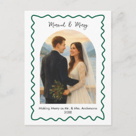 Cartão Postal De Festividades Green Married and Merry First Christmas Photo