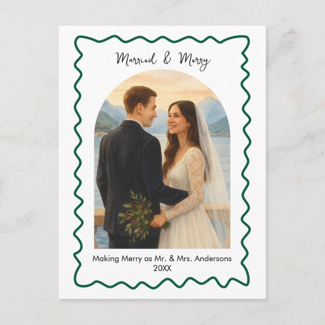 Cartão Postal De Festividades Green Married and Merry First Christmas Photo  (Frente)