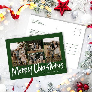 Cartão Postal De Festividades Green Modern Lettering Cinco Fotos Feliz Natal
