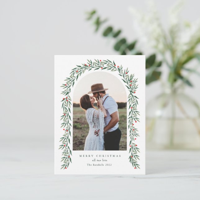 Cartão Postal De Festividades Greenery Arch Modern Script Foto de Natal (Em pé/Frente)