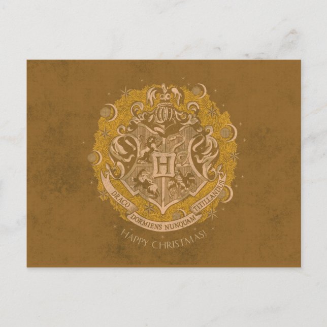 Cartão Postal De Festividades Grinalda de Natal com Brasão da HOGWARTS™ Amarela (Frente)