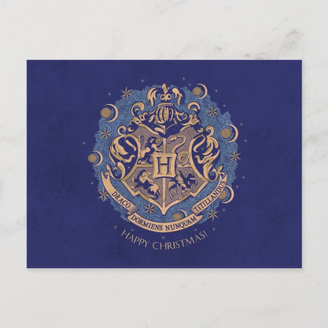 Cartão Postal De Festividades Grinalda de Natal com Brasão de HOGWARTS™ Azul (Frente)