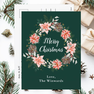 Cartão Postal De Festividades Grinalda de Natal de Poinsettia Vermelha Feliz Nat