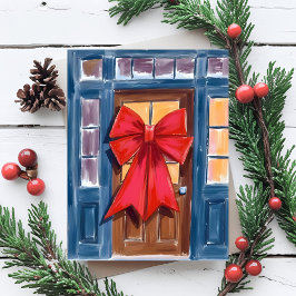 Cartão Postal De Festividades Grinalda de porta com laço de Natal vermelho aquar