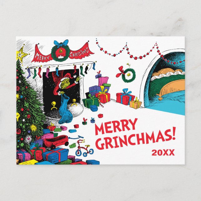Cartão Postal De Festividades Grinch Clássico | Grinch na Chaminé (Frente)