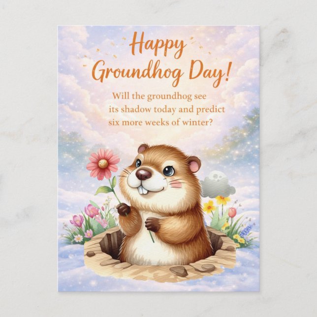 Cartão Postal De Festividades Groundhog Day watercolor  (Frente)