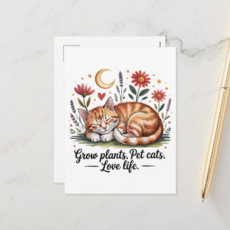 Cartão Postal De Festividades Grow Plants Pet Cats Love Life Cute Gardening