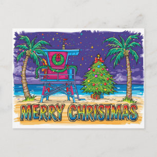 Cartão Postal De Festividades Guarda-Vidas de Praia Retro Neon no Natal Férias