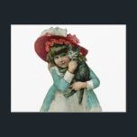 Cartão Postal De Festividades Guardarando um gatinho do Natal<br><div class="desc">O Victorian inspirou a menina que veste uma grande capota cor-de-rosa e que guardara um gatinho cinzento.</div>