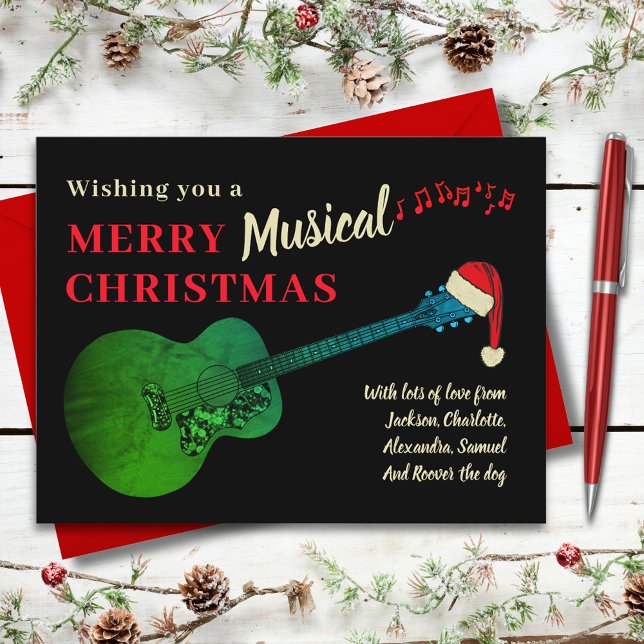 Cartão Postal De Festividades Guitar Musical Feliz Natal Personalizado (Merry musical christmas guitar wearing Santa hat custom budget holiday greetings postcard)