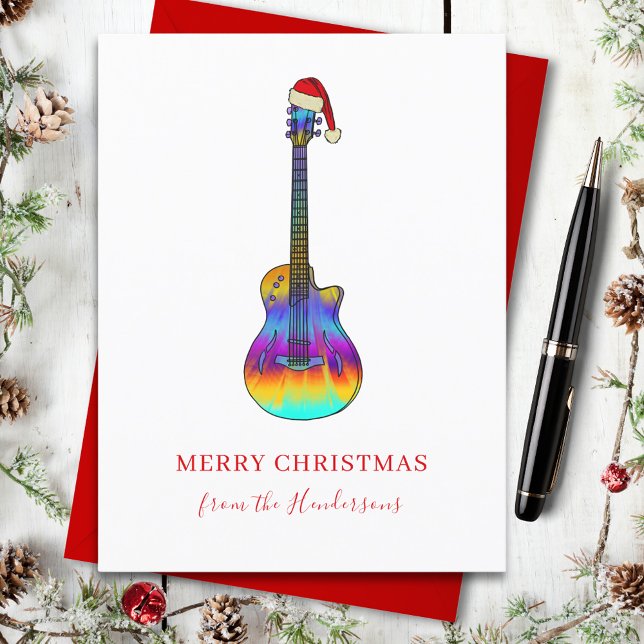 Cartão Postal De Festividades Guitarra de Natal Personalizada (Christmas guitar custom holiday greetings card fun colorful electric guitar wearing a santa hat)