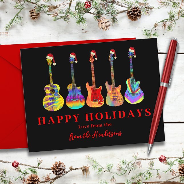 Cartão Postal De Festividades Guitarras em Chapéus de Papai Noel Boas Festas (Cool christmas guitars happy holidays personalized greetings card)