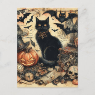 Cartão Postal De Festividades Halloween Antigo Gato Preto Feriado