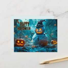 Cartão Postal De Festividades Halloween Assustador com Boneco de Neve Mau e Abób