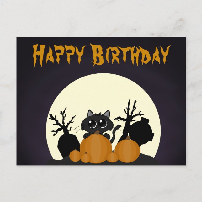 Cartão Postal De Festividades Halloween Birthday Black Cat Pumpkins Graveyard (Frente)