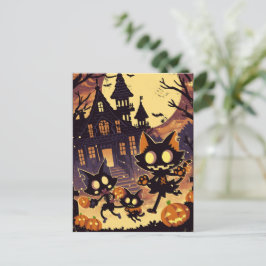 Cartão Postal De Festividades Halloween Cats by the Haunted House