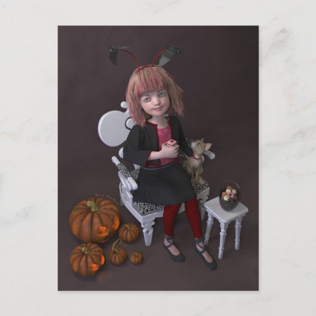 Cartão Postal De Festividades Halloween. Comendo doces. (Frente)