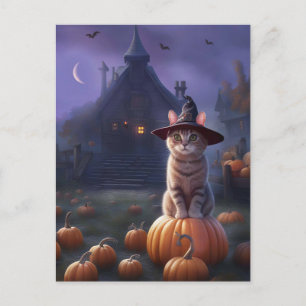 Cartão Postal De Festividades Halloween Cute Witchy Cat Pumpkins