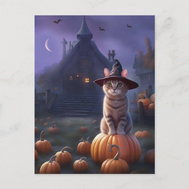 Cartão Postal De Festividades Halloween Cute Witchy Cat Pumpkins (Frente)