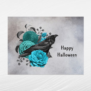 Cartão Postal De Festividades Halloween De Corvo Floral Teal Gótico