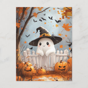 Cartão Postal De Festividades Halloween Ghost com abóboras