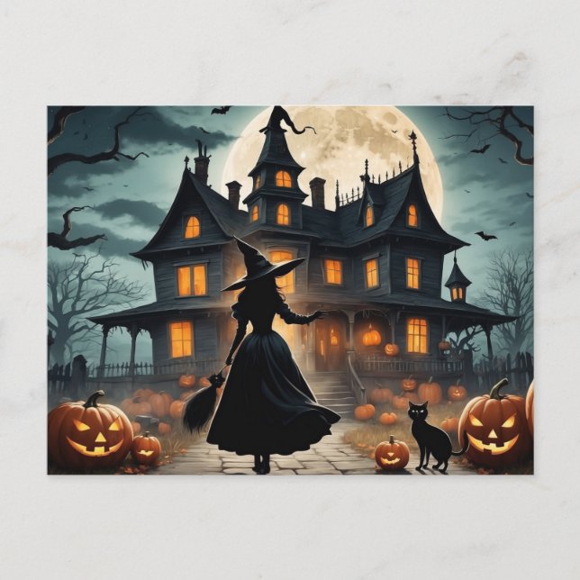 Cartão Postal De Festividades Halloween Haunted House and Witch (Frente)