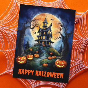 Cartão Postal De Festividades Halloween Haunted House com Pumpkins