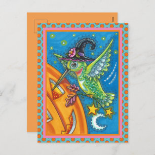 CARTÃO POSTAL DE FESTIVIDADES HALLOWEEN HUMMINGBIRD E JACK O LANTERN WHIMSY