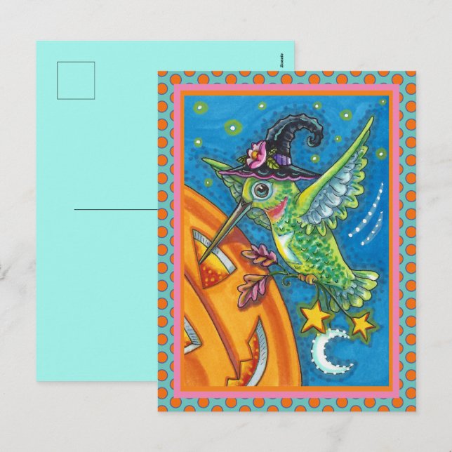 CARTÃO POSTAL DE FESTIVIDADES HALLOWEEN HUMMINGBIRD E JACK O LANTERN WHIMSY (Frente/Verso)