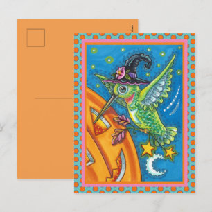 CARTÃO POSTAL DE FESTIVIDADES HALLOWEEN HUMMINGBIRD & JACK O LANTERN WHIMSY HOLI