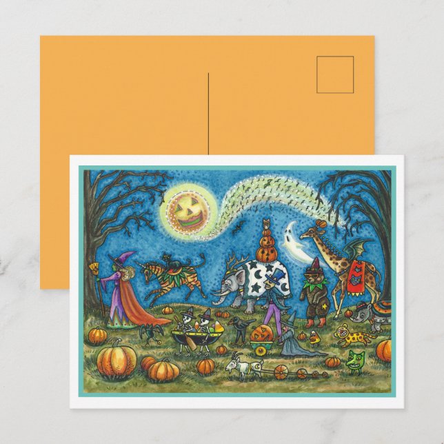 Cartão Postal De Festividades HALLOWEEN PARADE Bruxa Girafa Bear Zebra Skellies (Frente/Verso)