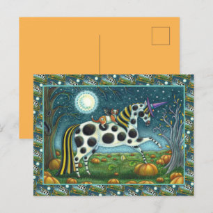 Cartão Postal De Festividades HALLOWEEN SPONTTED PONY & BAT CAT Fantasy Horse