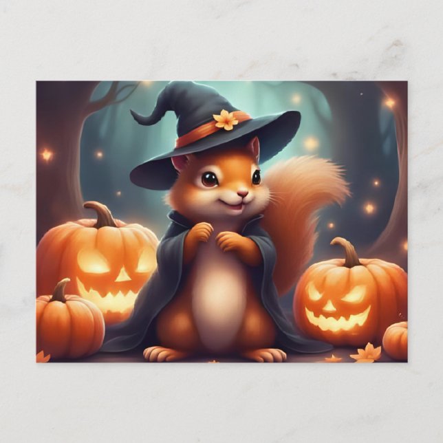 Cartão Postal De Festividades Halloween Squirrel e Jack O'Lantern (Frente)